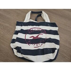 Hollister California Canvas Tote Bag Navy White Striped Beach Bag Large Logo